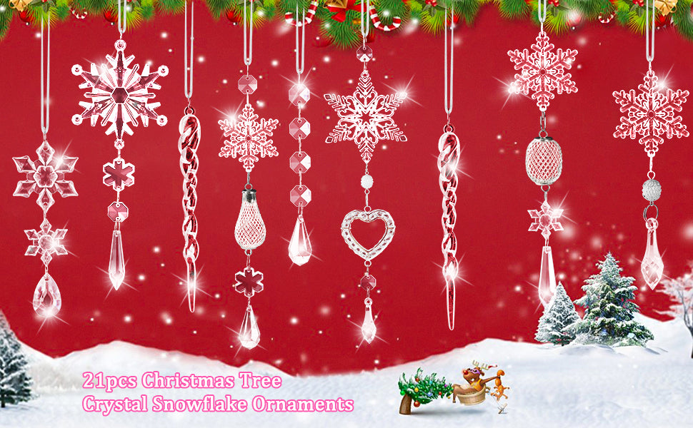 Set of 21 pcs Hanging Acrylic Snowflake Icicle Ornaments with Drop Pendants