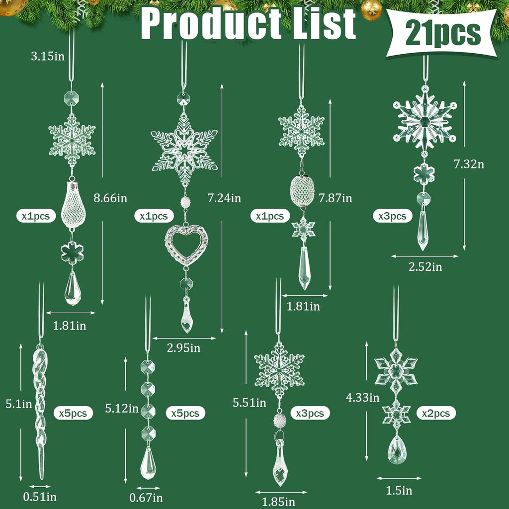 Set of 21 pcs Hanging Acrylic Snowflake Icicle Ornaments with Drop Pendants