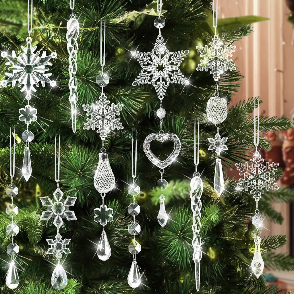 Set of 21 pcs Hanging Acrylic Snowflake Icicle Ornaments with Drop Pendants
