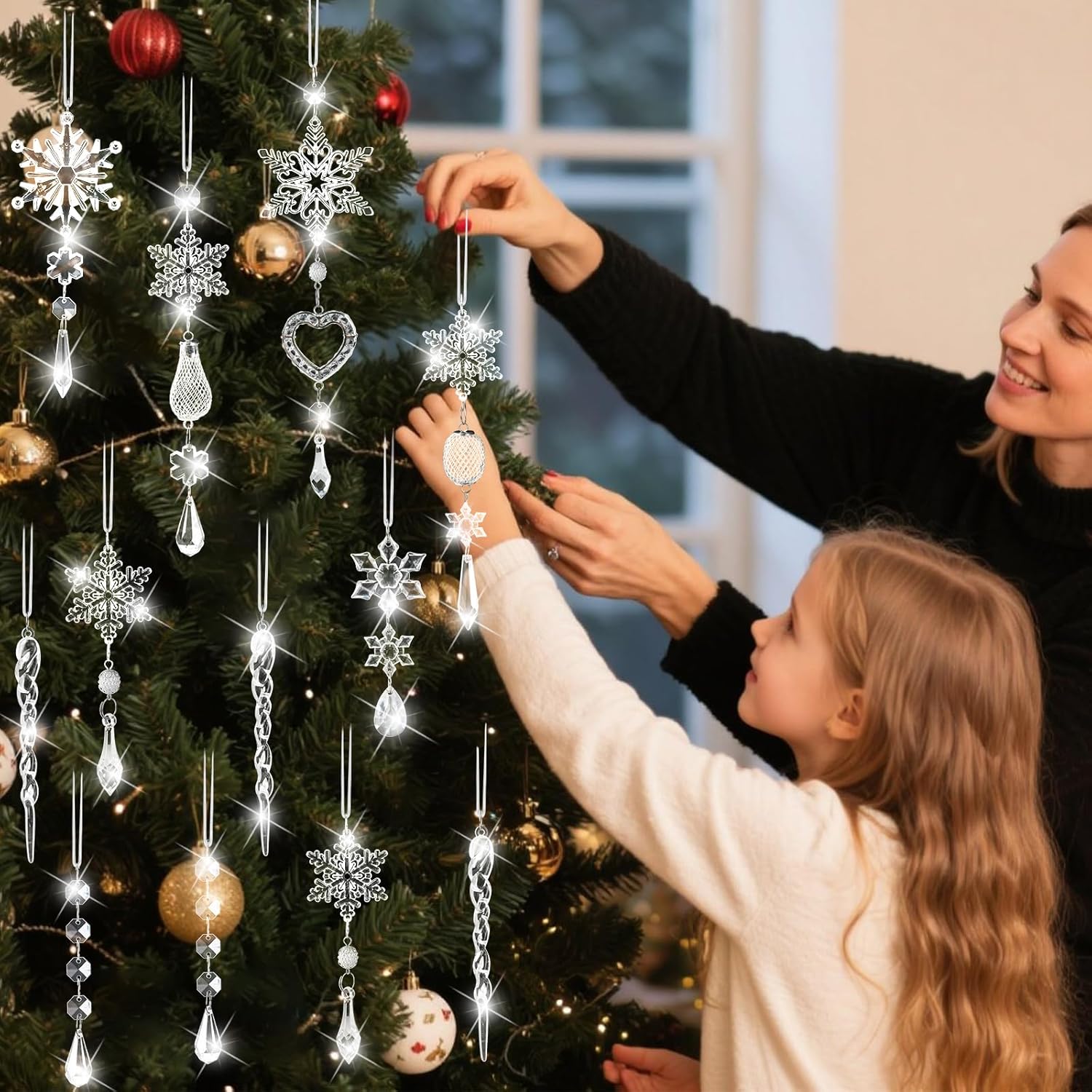 Set of 21 pcs Hanging Acrylic Snowflake Icicle Ornaments with Drop Pendants